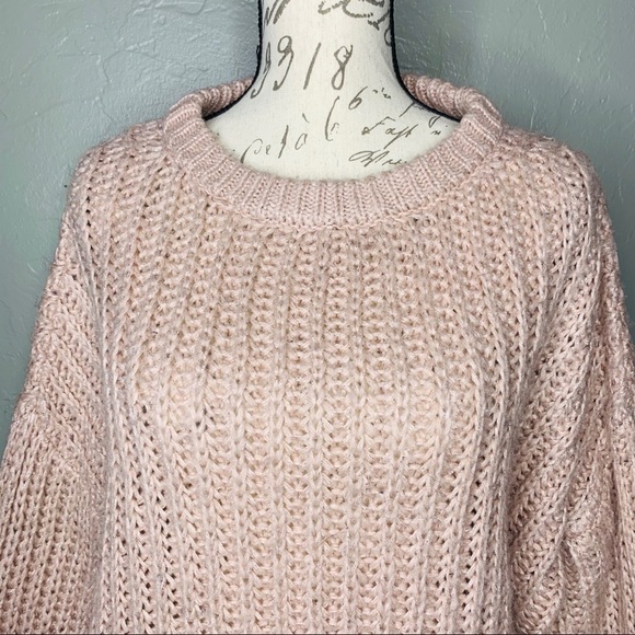 Bell Sleeve Chunky Blush Knit Crew Neck Sweater - Picture 2 of 5